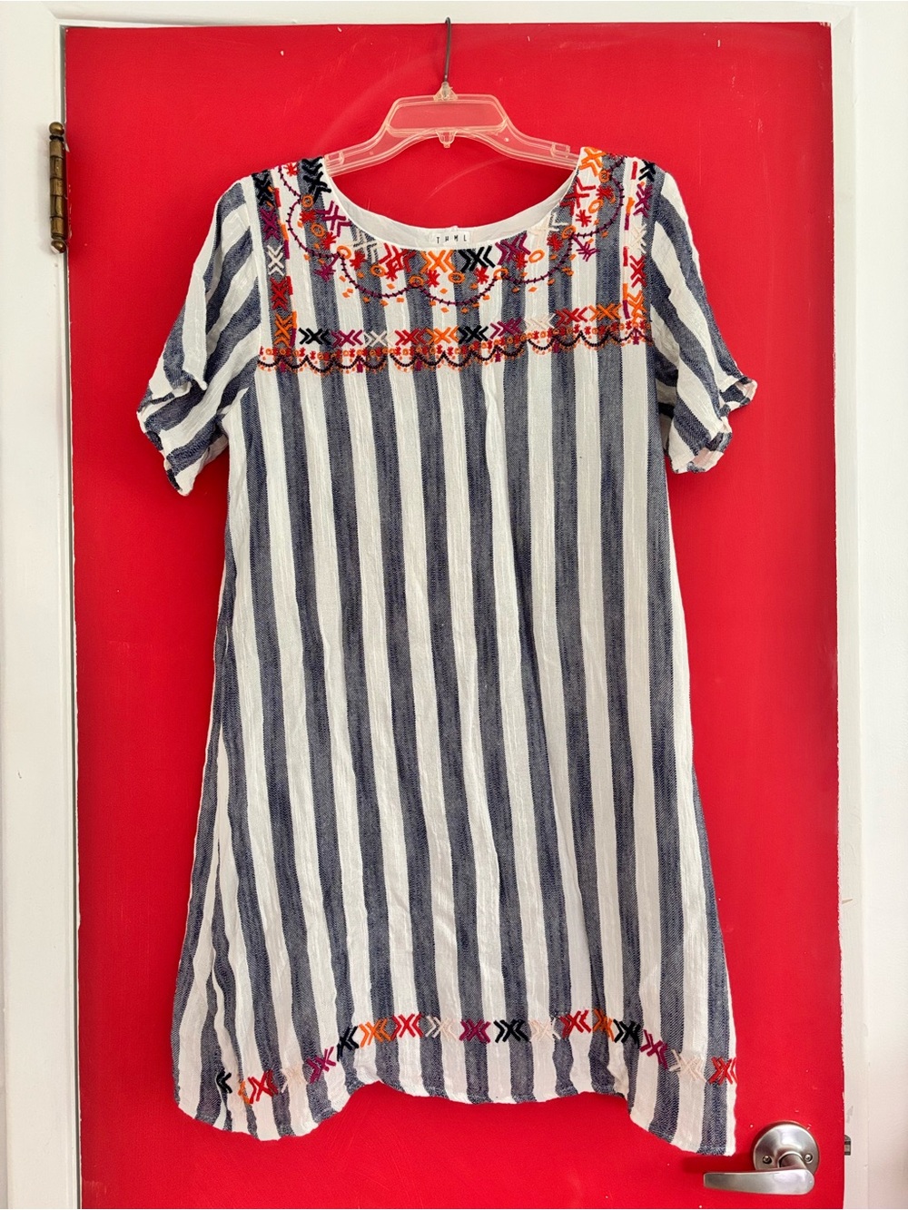 THML Anthropologie striped short sleeve mini dress.